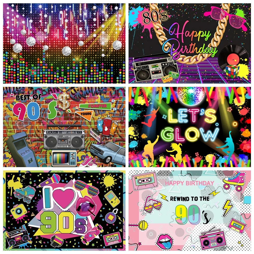 

Back To 80's ’ 90's Theme Party Music Disco Backdrops Graffiti Neon Glow Photography Backgrounds Banner Decor Photo Studio Props