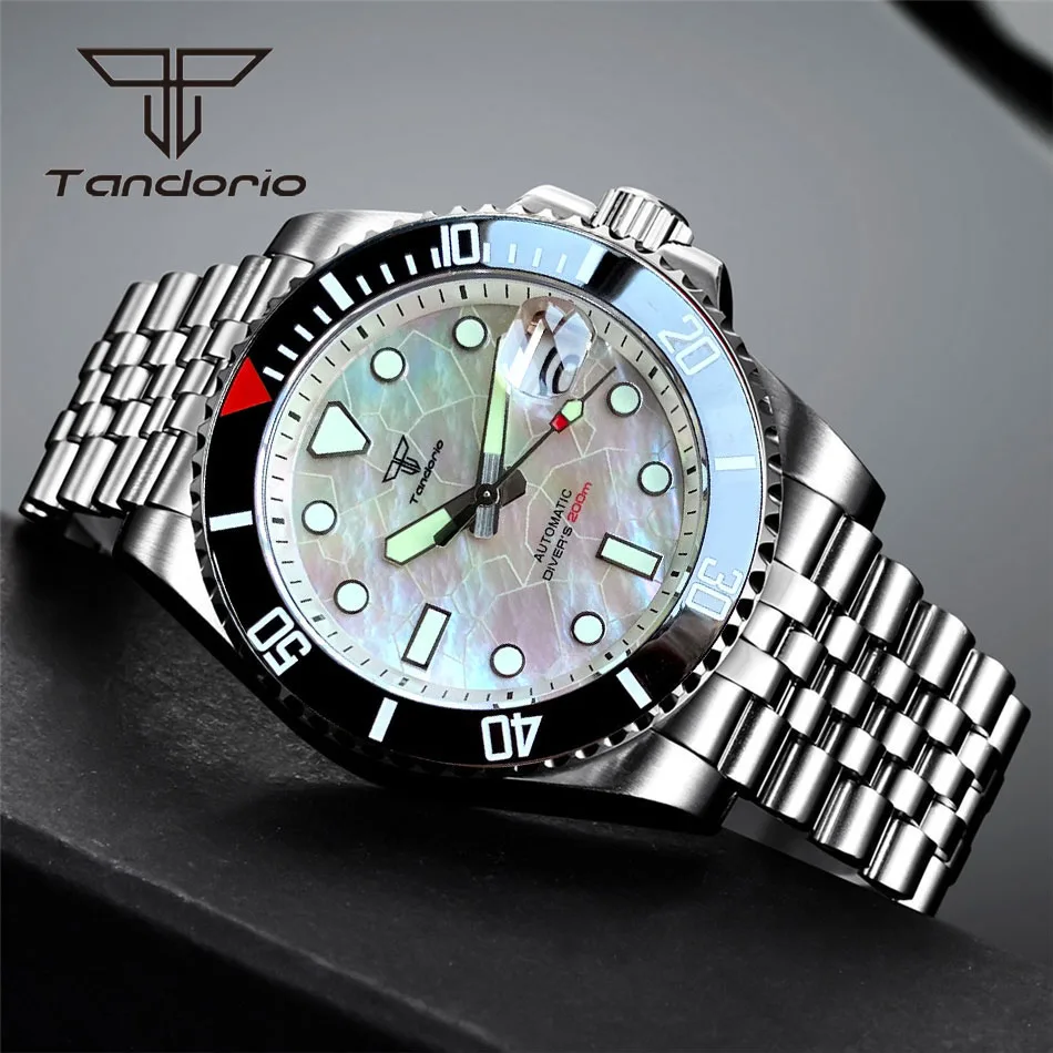 Tandorio 40mm Stainless Steel NH35A Dress 200m Automatic Men\'s Diving Watch White MOP Dial Date Sapphire Rotating Bezel Luminous