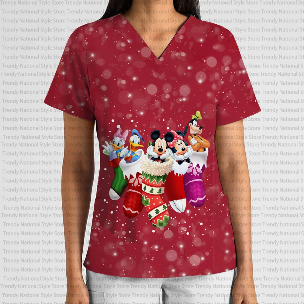 新しい夏の女性の医療通勤カジュアル T シャツ、クリスマス ディズニー ミッキーマウス プリント V ネック ポケット フロスト T シャツ