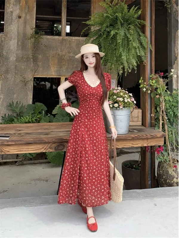 

Elegant A-Line Midi Dress Floral Print Pomegranate Skirt Vintage V-Neck Short Sleeve plus Size Women's Clothing Summer Dress