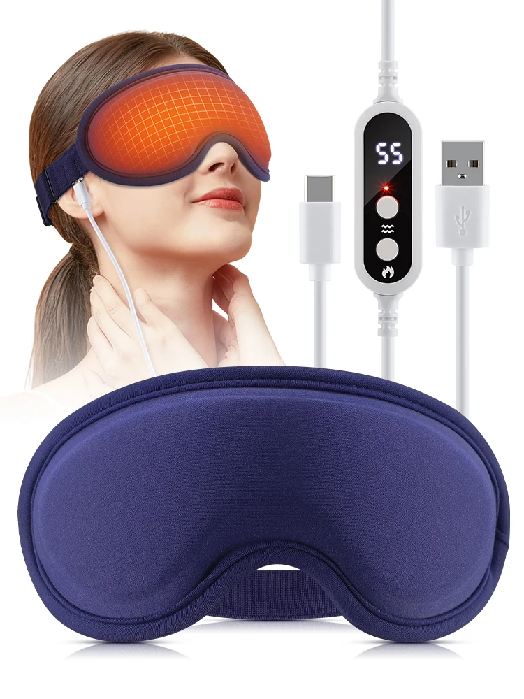 Augenmassagegerät mit Wärme, 5 Wärmestufen 35-55°C & 6 Vibrationsstufen, 4 Motoren, 3D-Kontur Verdunkelung, USB, Marineblau