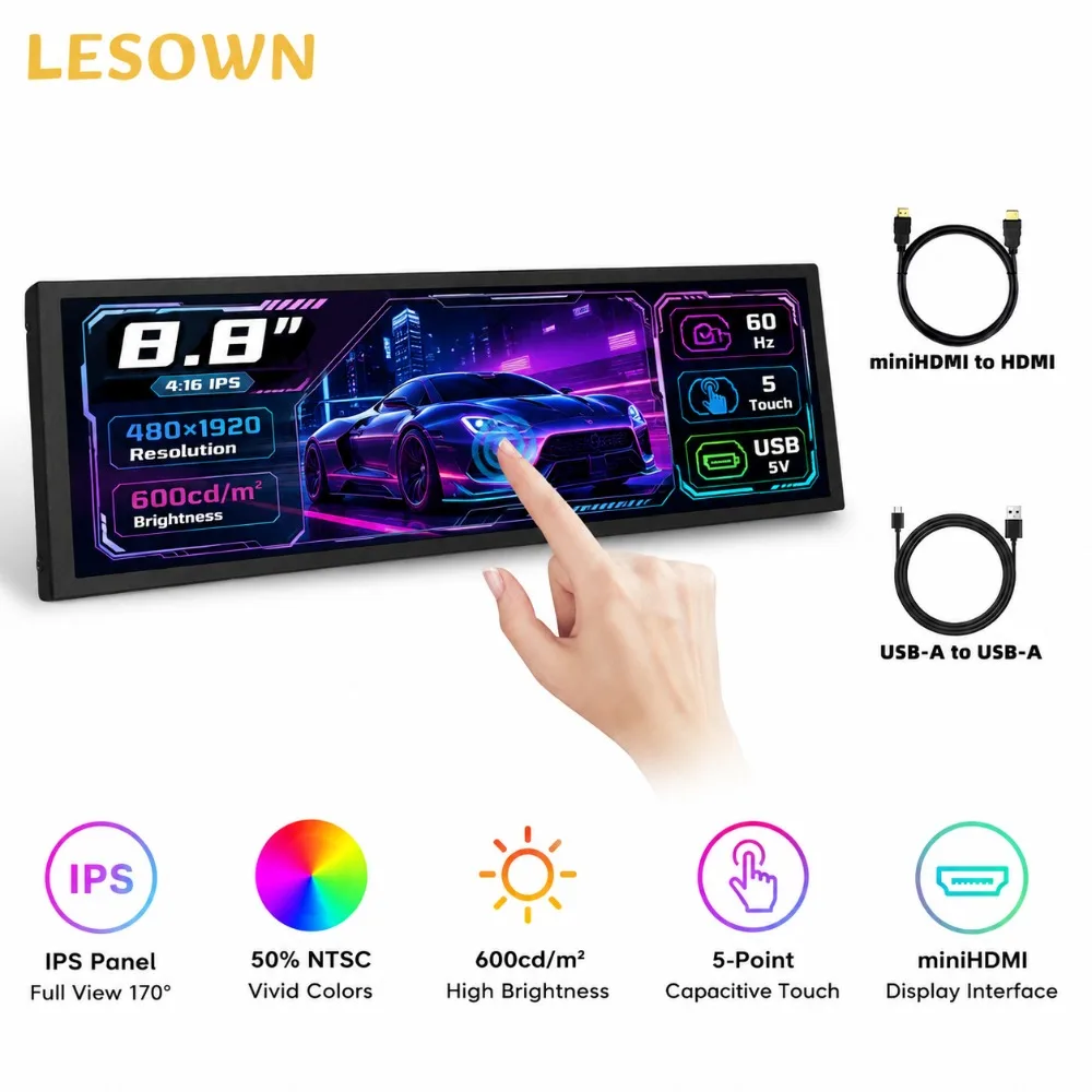 LESOWN 8.8 Inch IPS Monitor Plug and Play HDTV Stretched Screen for PC Case Stats Driver-free Easy Setup Display