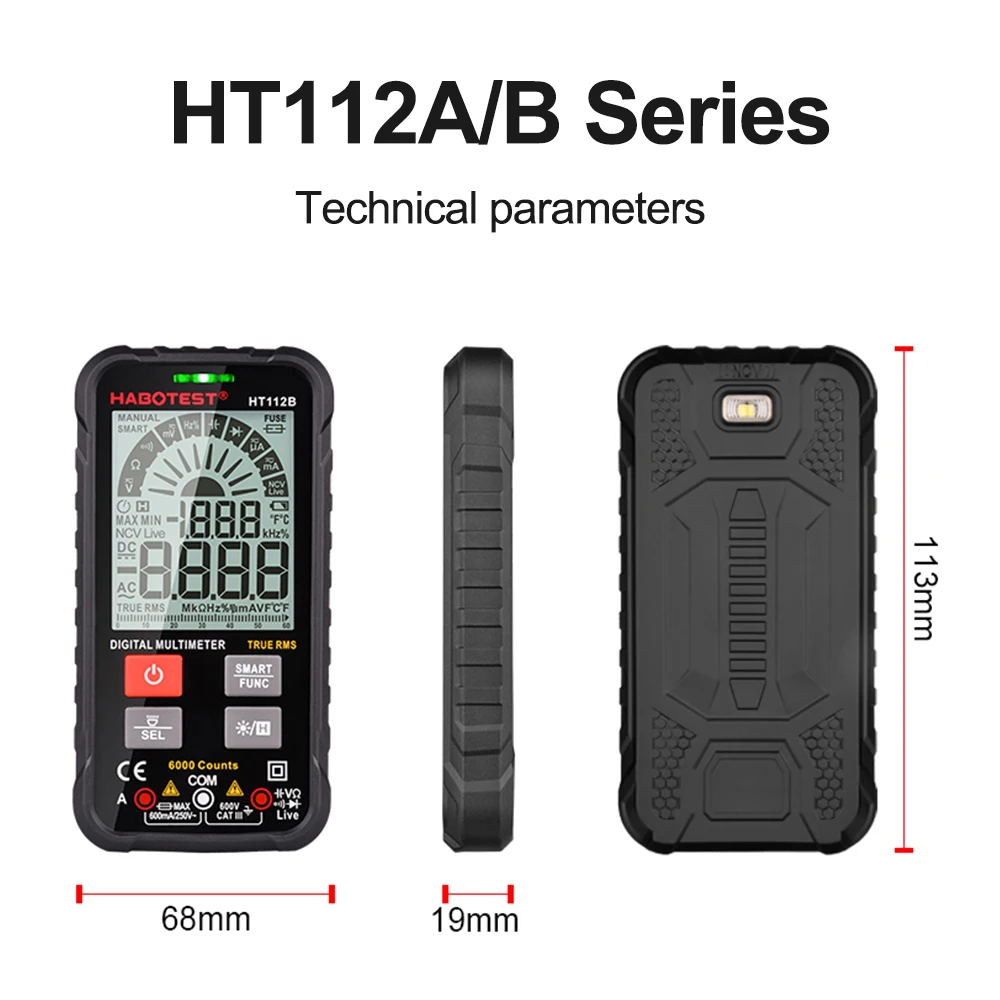 Multimeter Digital HABOTEST HT112 HT116 Multimetro Digital Range 1000V 10A Tester Meter Ohm Hz Capacitance REL True RMS Smart