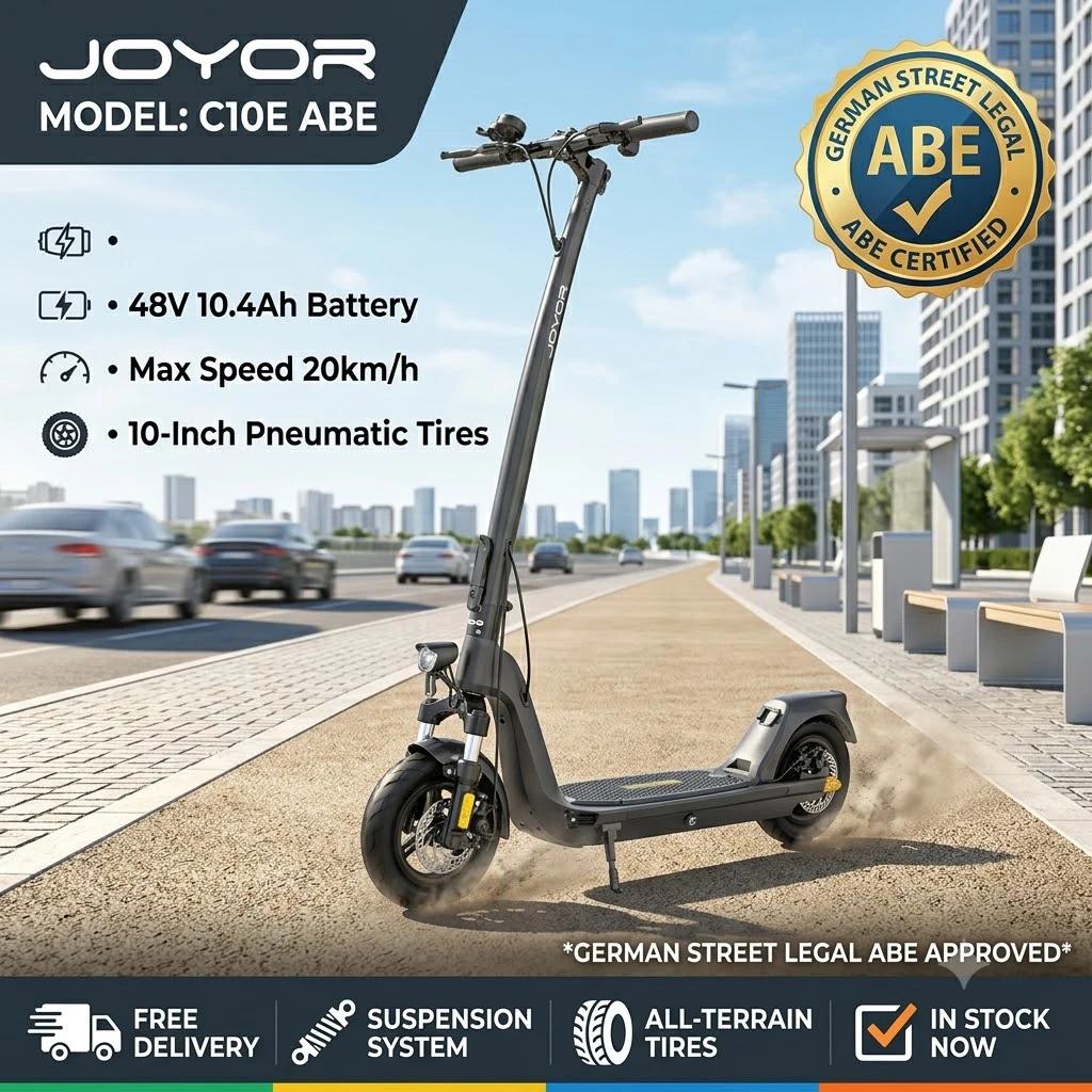 Trottinette électrique JOYOR C10E homologuée ABE pour la Allemagne, batterie amovible 48V 10.4Ah, vitesse maximale limitée à 20 km/h, pneus confortables de 10 pouces, trottinette électrique pliable et légère pour adultes, homologuée officiellement pour les trajets quotidiens en Allemagne.