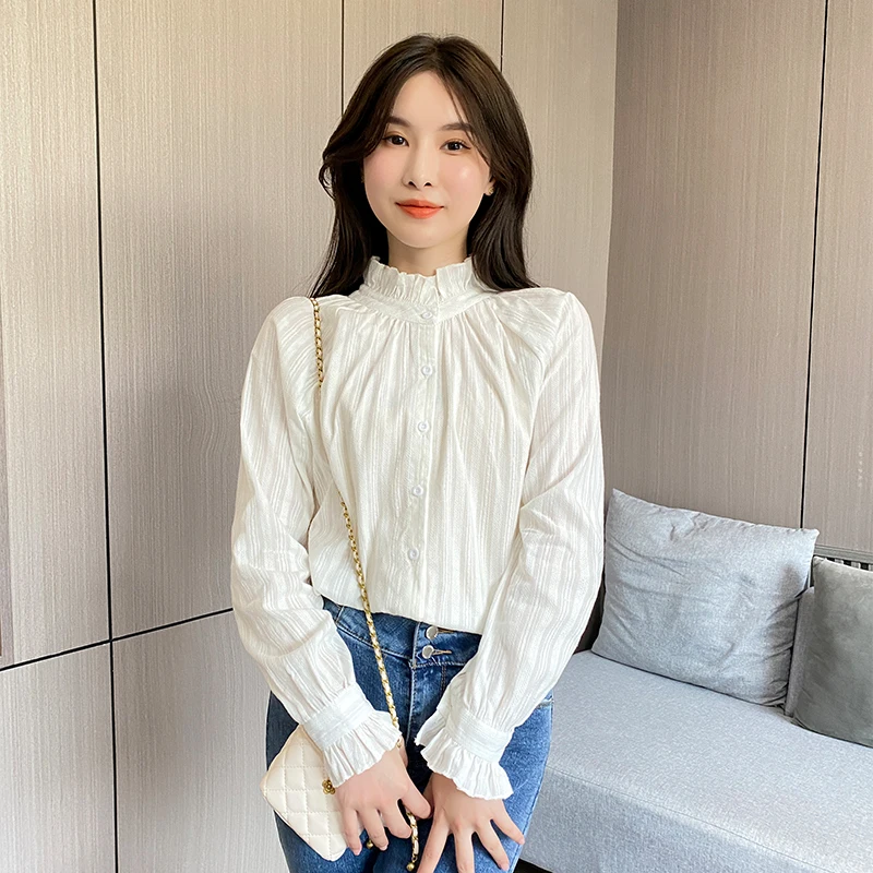 White Blouse Women 2024 Spring Stand Collar Long Sleeve Shirt Sweet Japanese Shirt Casual Ladies Tops Korean Fashion Female Wear