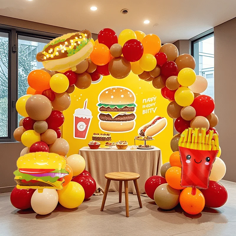 1 Set Fast-Food-Burger-Pommes-Frites-Ballons, Girlanden-Bogen-Set mit rot-orange-gelben Ballons für Geburtstags- und Jubiläumsfeier-Dekorationen