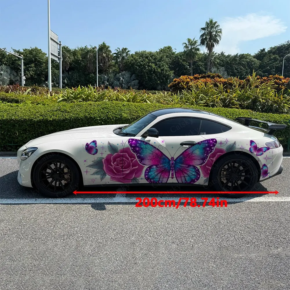 2pcs Romantic Dancing Butterfly Rose Car Side Wrap, Self-Adhesive PVC Waterproof & Scratch-Resistant Sticker, Car Accessory Gift