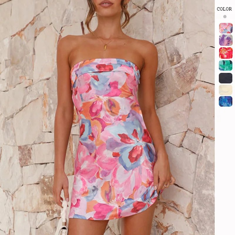 

2025 Summer New Sexy Tube Top Backless Floral Print Short Dress Women Clothing