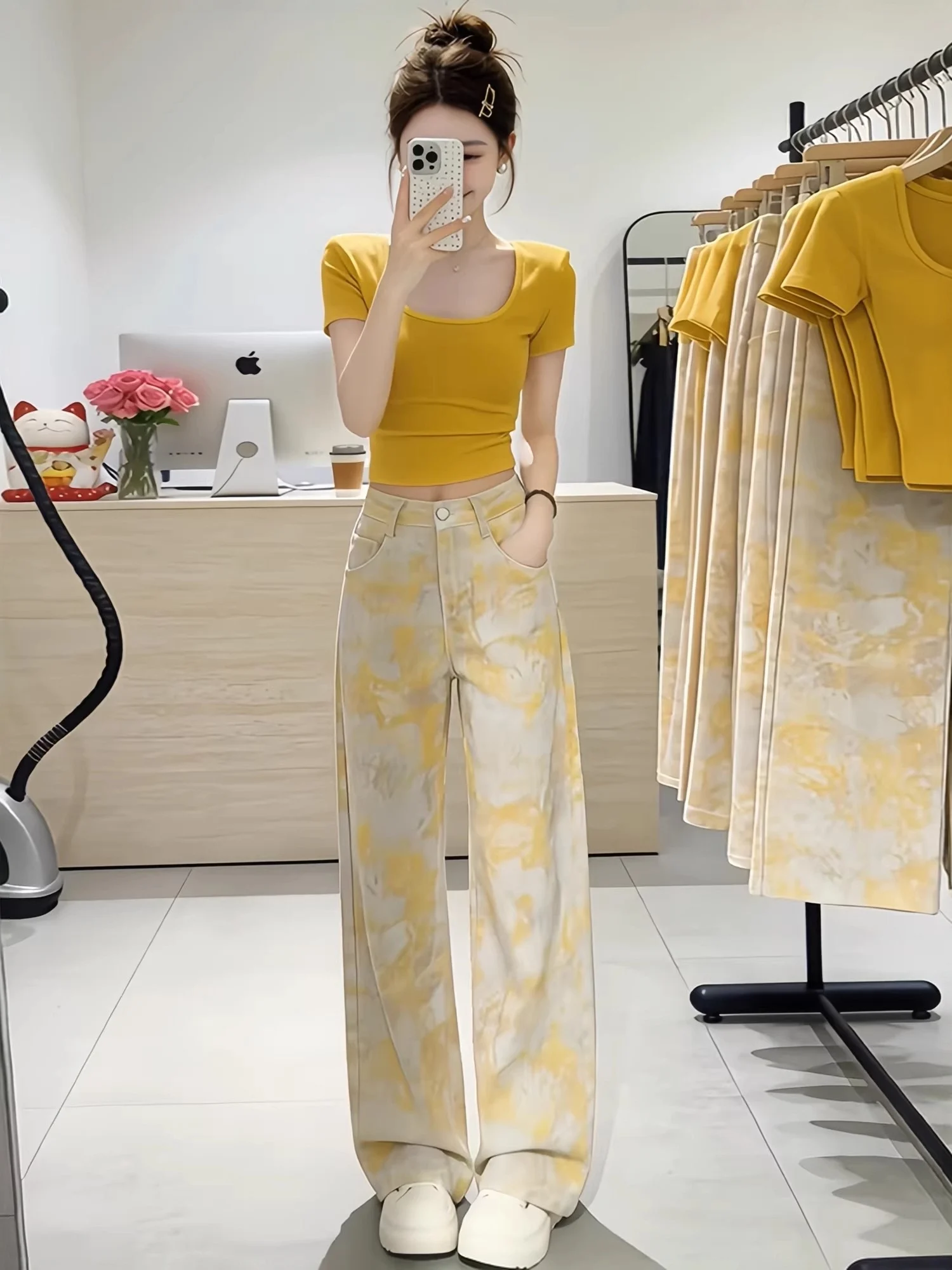 Unique Beautiful Summer T-Shirt And Wide Leg Jeans Two-Piece Set for Women Square Collar Short Sleeve Casual Fashion view 4