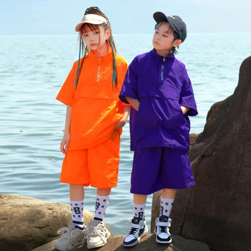 Kid Hip Hop Clothing Purple Orange Wrinkled Short Sleeve T Shirt Top Casual Shorts for Girl Boy Jazz Dance Costume Clothes Set