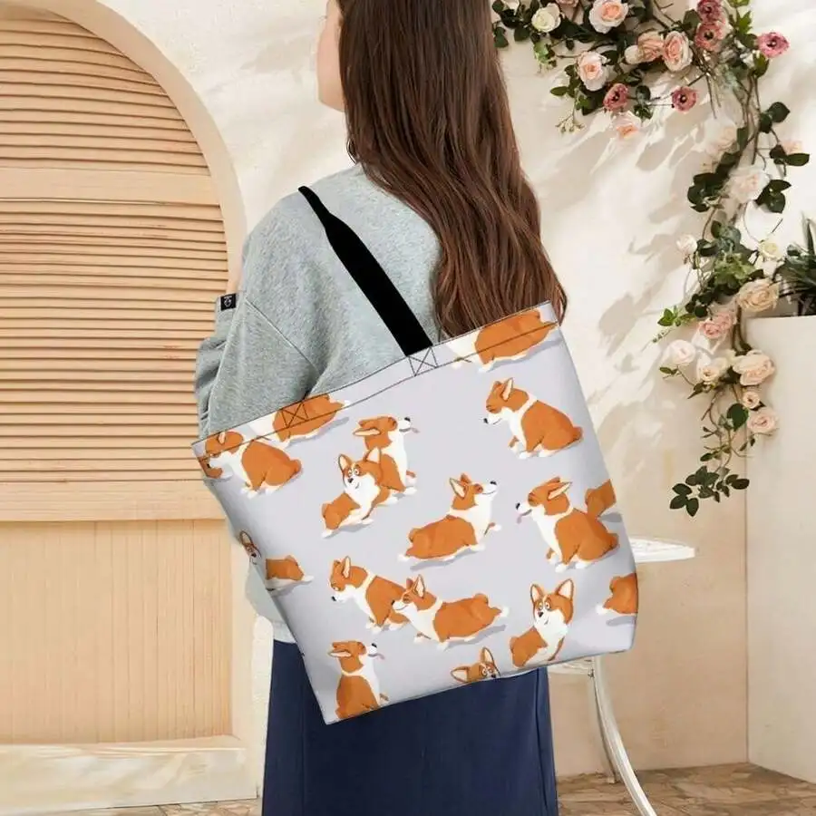 

Corgi Dog Print Casual Tote Bag For Women Soft Cotton Blend Shoulder Shopper Reusable Beach Travel Handbag