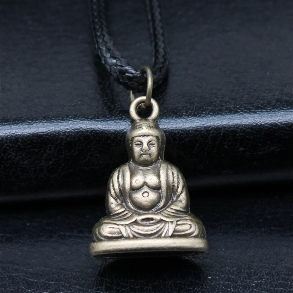 Unisex Retro Vintage Antique Bronze Color 22x16mm Buddha Statue Pendant Faux Black Leather Rope Chain Necklace