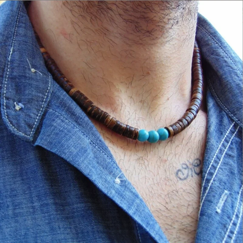 Fashion Men Necklace Summer Beach Wooden Bead Surfer Necklace Simple Geometric Tribal Ethnic Handmade Chain Male Jewelry Gift