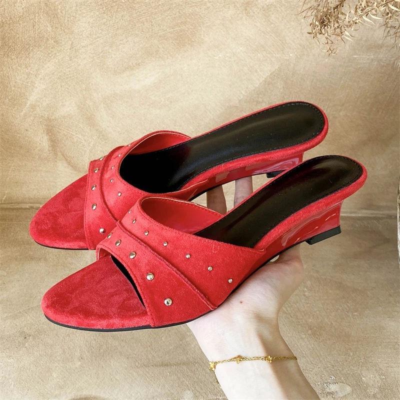 

Eilyken Designer Rivet Open Toe Wedges Heels Women Slippers 2026 Summer Party Slide Shoes Fashion Zapatos De Mujer