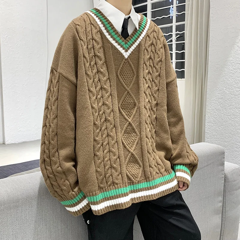 Winter V-neck Sweater Men New Patchwork Color Knitted Pullover Harajuku Couple Streetwear Loose Knitwear Oversized 2XL