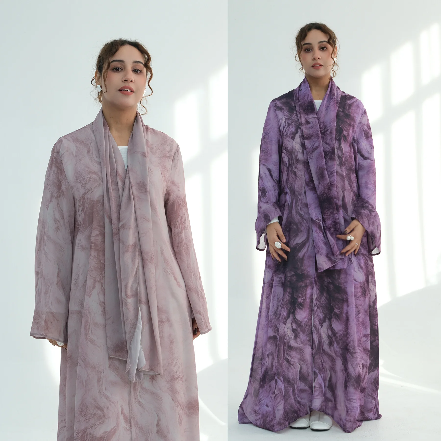 도매 쉬폰 오픈 아바야 옴브레 수채화 마블 타이다이 프린트 프리미엄 두바이 아바야 2피스 세트 이슬람 의류