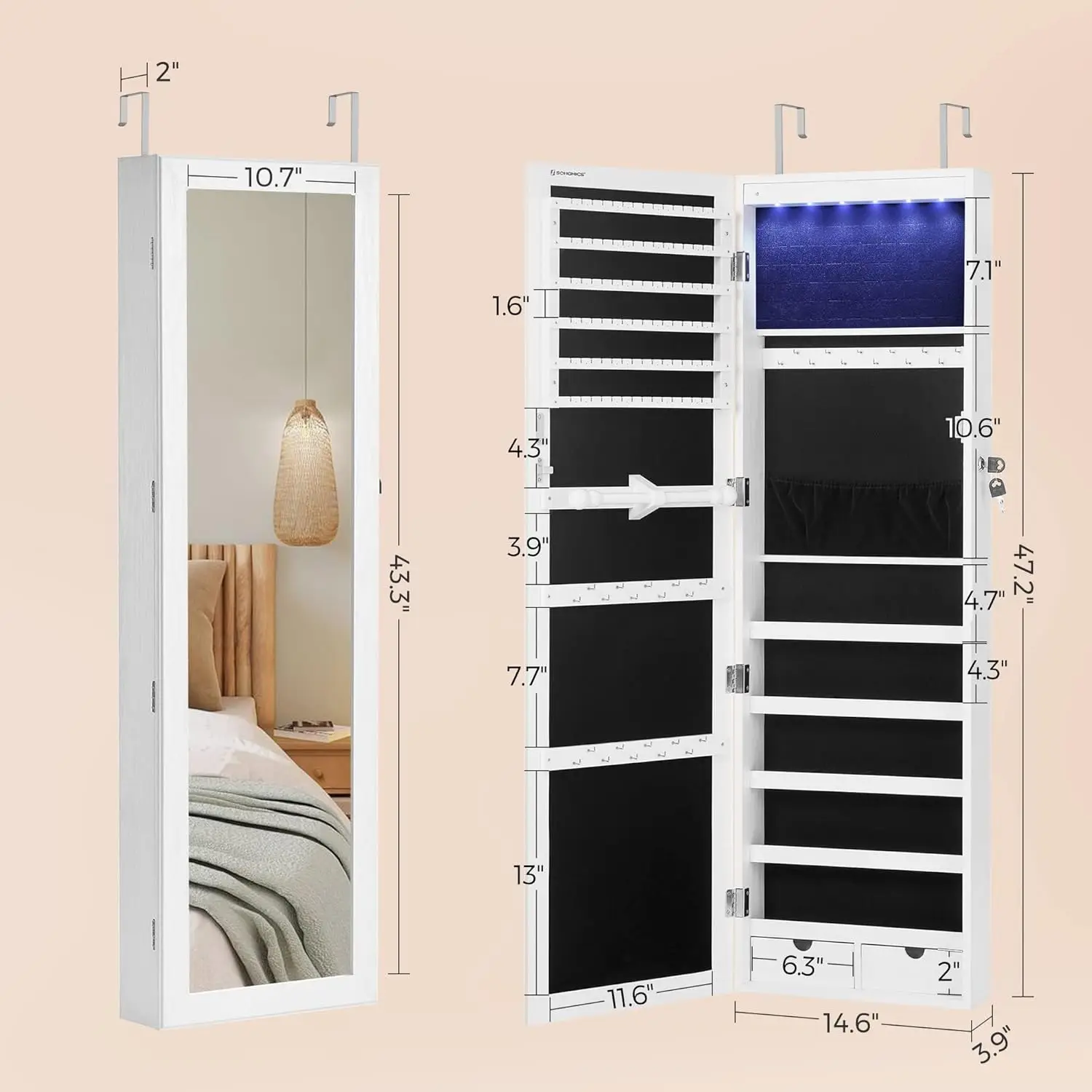 6 LEDs กระจกตู้เครื่องประดับ, 47.2 นิ้วล็อคผนังหรือประตูเครื่องประดับ Armoire Organizer พร้อมกระจก