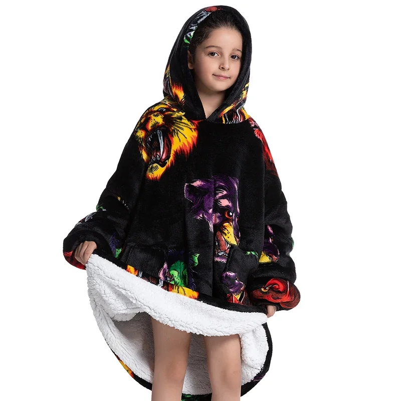 Übergroße Wearale Decke Hoodie Flanell Sherpa Fleece Warm Weich Winter Hoodie Sweatshirt für Kinder Erwachsene Kuscheln – Detail 6