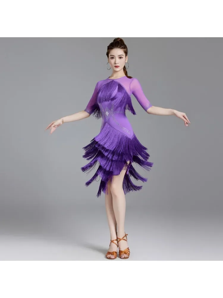 

Latin Dance Skirt 2024 New Female Adult Professional Competition Flower Dress Hot Stamping Table Performance Dress Tassel Dress