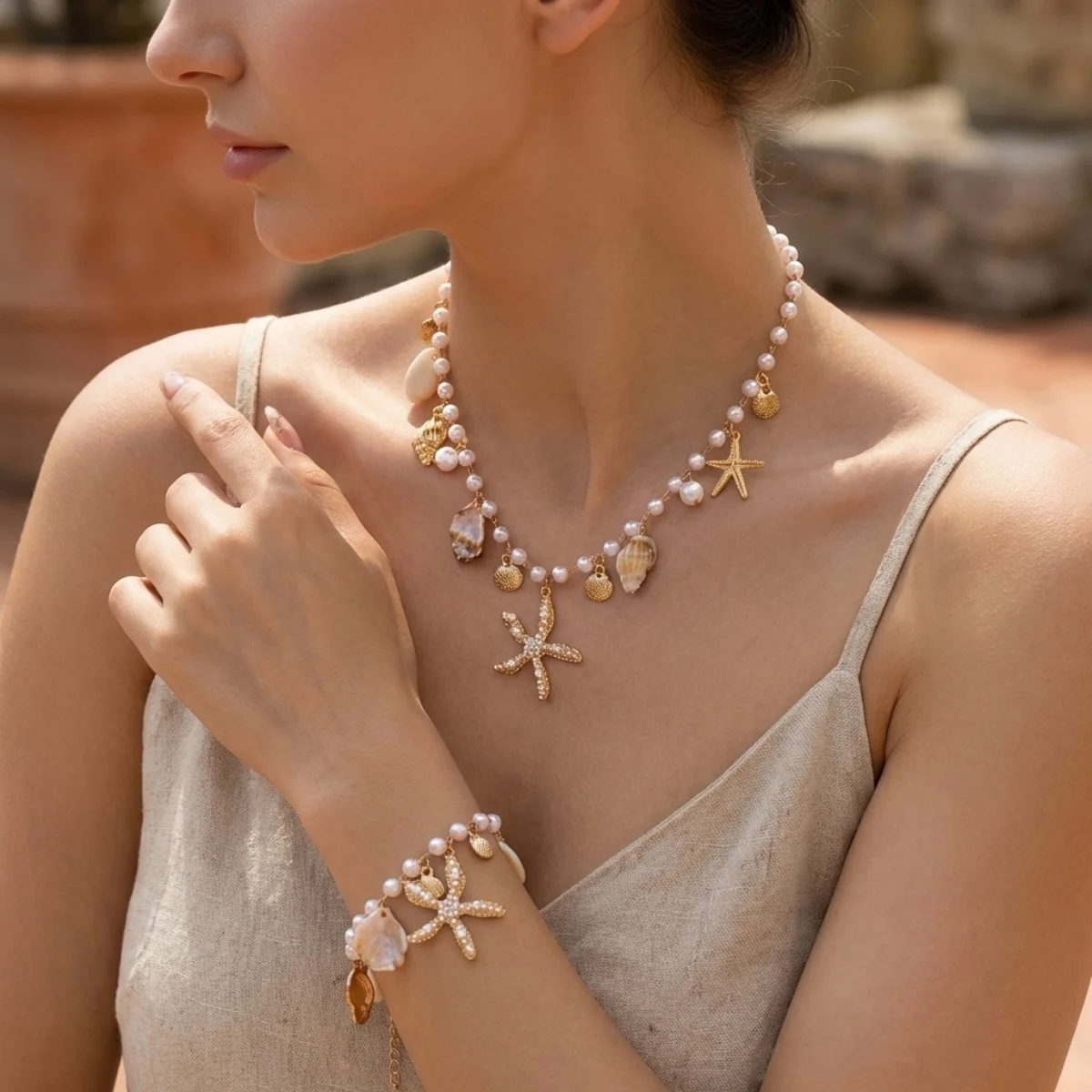 Imitationsperlen-Seestern-Muschel-Anhänger Halskette Armband Fußkettchen Set für Damen und Herren Boho Seestern Sommer Schmuckset – Detail 7
