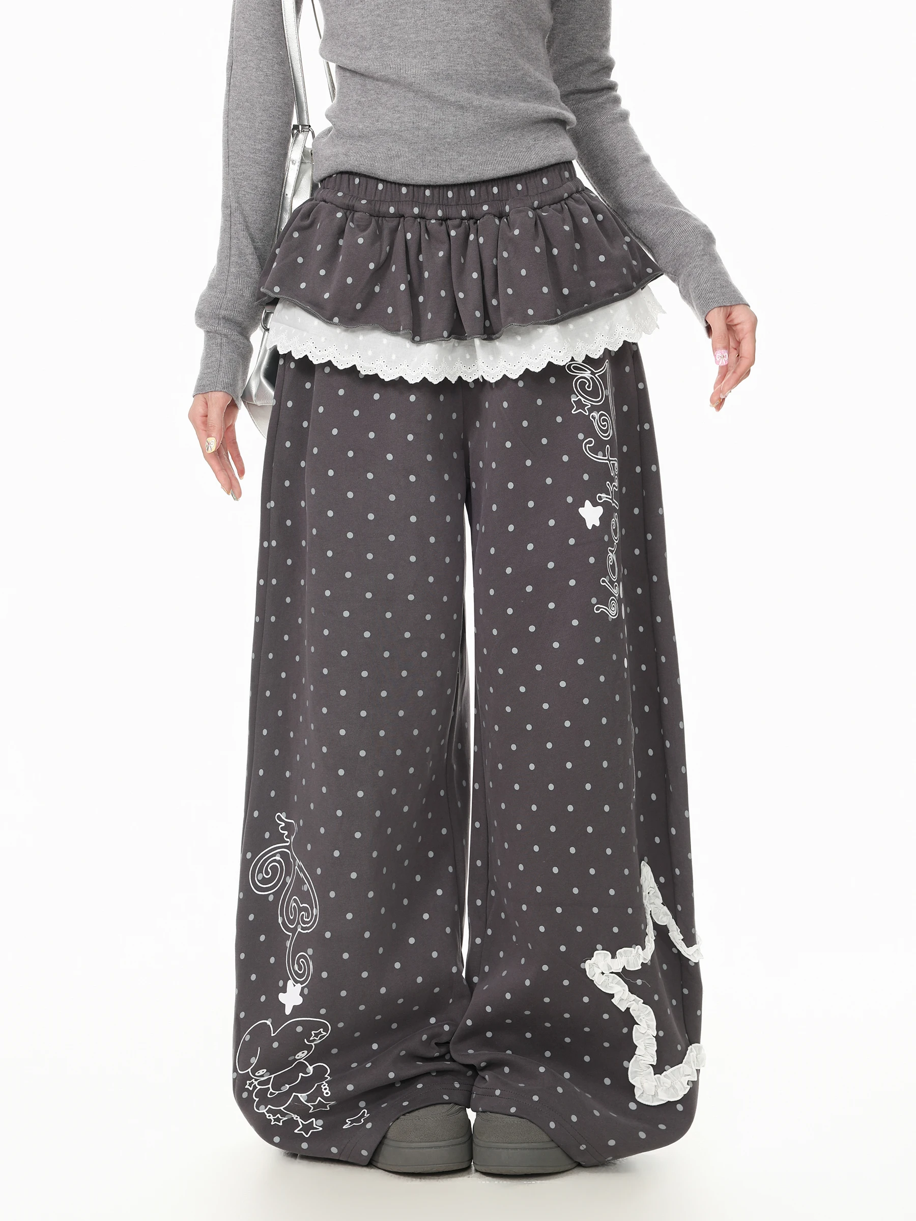 Blue Ghost Park Languid Park Embroidered Polka Dot Casual Pants Women's Straight Leg Long Trousers Comfortable Cotton Blend