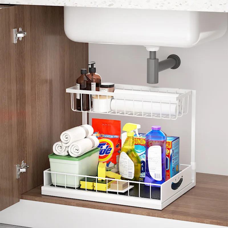 

Under Sink 2 Tier Sliding Cabinet Basket Organizer Drawer Pull-Out Cabinet Organizer For Bathroom and Kitchen
