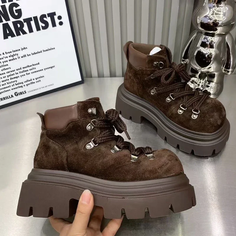 

High Quality Platform Boots for Women Fashion Designer Suede High-top Ankle Boots Comfort British Womens Short Boots Botas Mujer