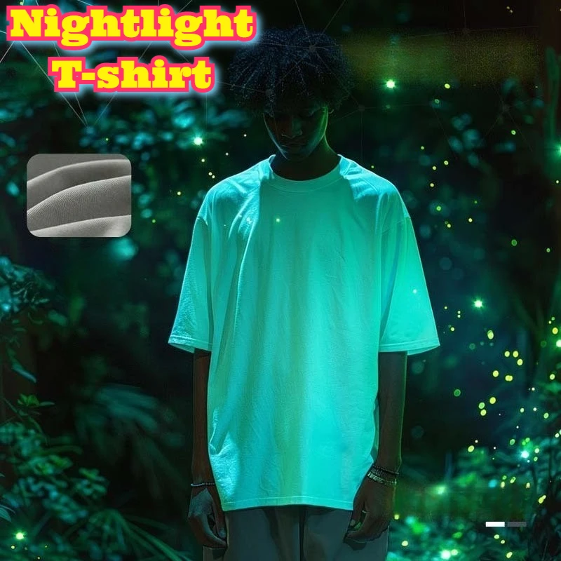 

Glow Dark T-shirt Men's Heavyweight 240g Pure Cotton Loose Fit Trendy Casual Wear Spring Summer Fashion Apparel Illuminated Top