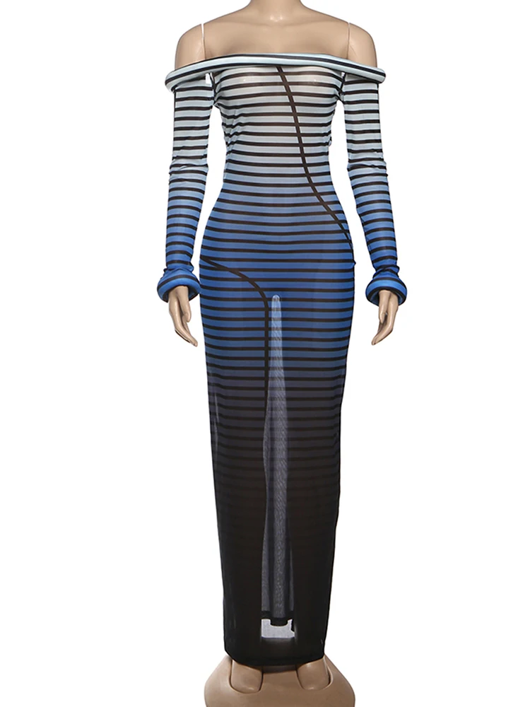 Cutenew Slash Neck Stripe Abito sfumato Donna Linea irregolare Nuovo stile Sottile Hottie Street Clubwear Stretch Skinny Aderente