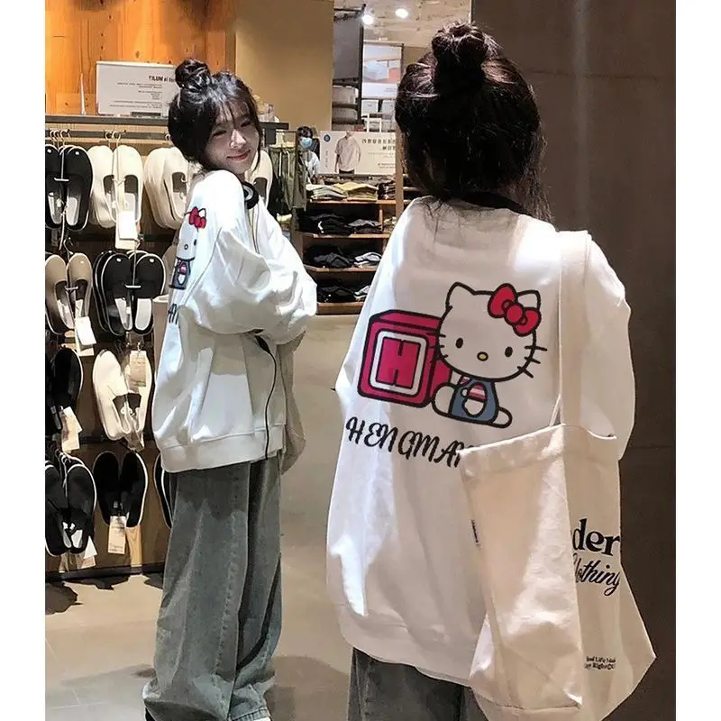 Sanrio Hello Kitty Cute White Streetwear Women\' Y2k Clothing Hoodie Sweatshirt Campus Hoodie Female Oversize Street Tops Hoodies