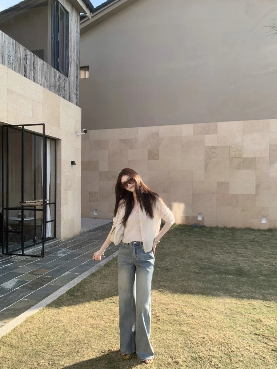 

Vintage Faded Pure Cotton Straight Leg Jeans Women's High Waist Spring Seasonal High Quality Denim Pants with Back Pocket