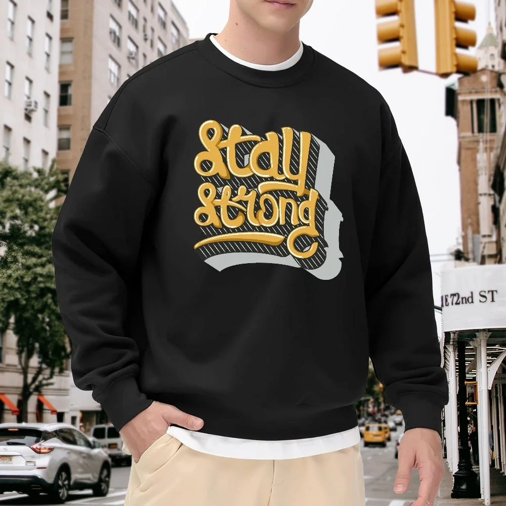 

Men's Black Crew Neck Loose Sweatshirt with Trendy Letter Print Design, Casual Street Style Top, Comfortable and Versatile, Fashionable Item for Spring and Autumn