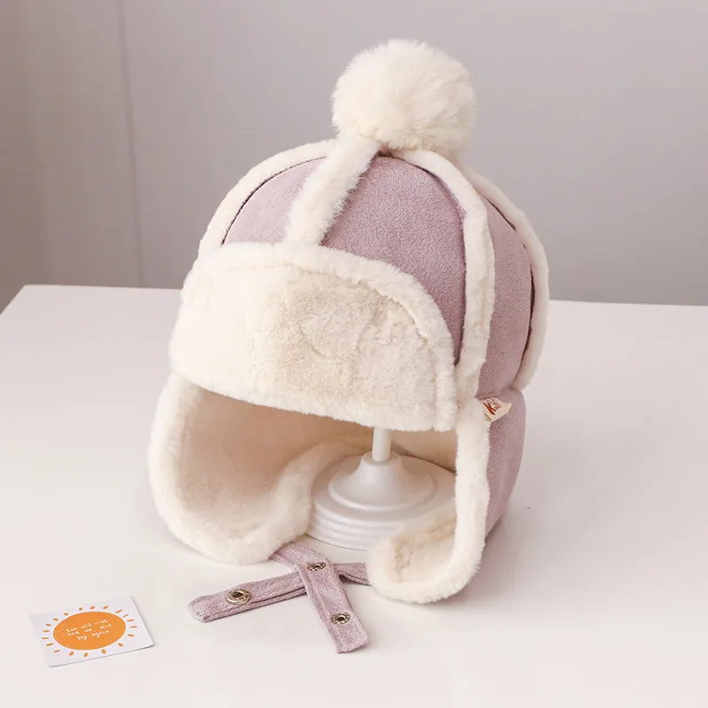 Baby Winter Hat Plush Lining Kids Cap with Earflap Faux Fur Hats for Boy Girl Skiing Windproof Infant Bonnet Korea Infant Beanie