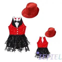 Kids Latin Tango Jazz Rumba Dance Suit Two Piece Streetdance Cheerleading Competition Performance Sequined Jumpsuit with Hat