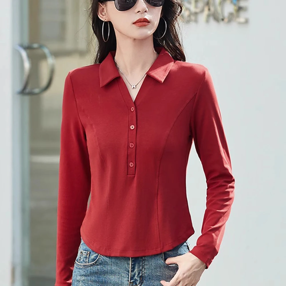 

Polo collar long sleeved T-shirt autumn women's clothing new fashion light luxury pure cotton slim fit plus size casual top