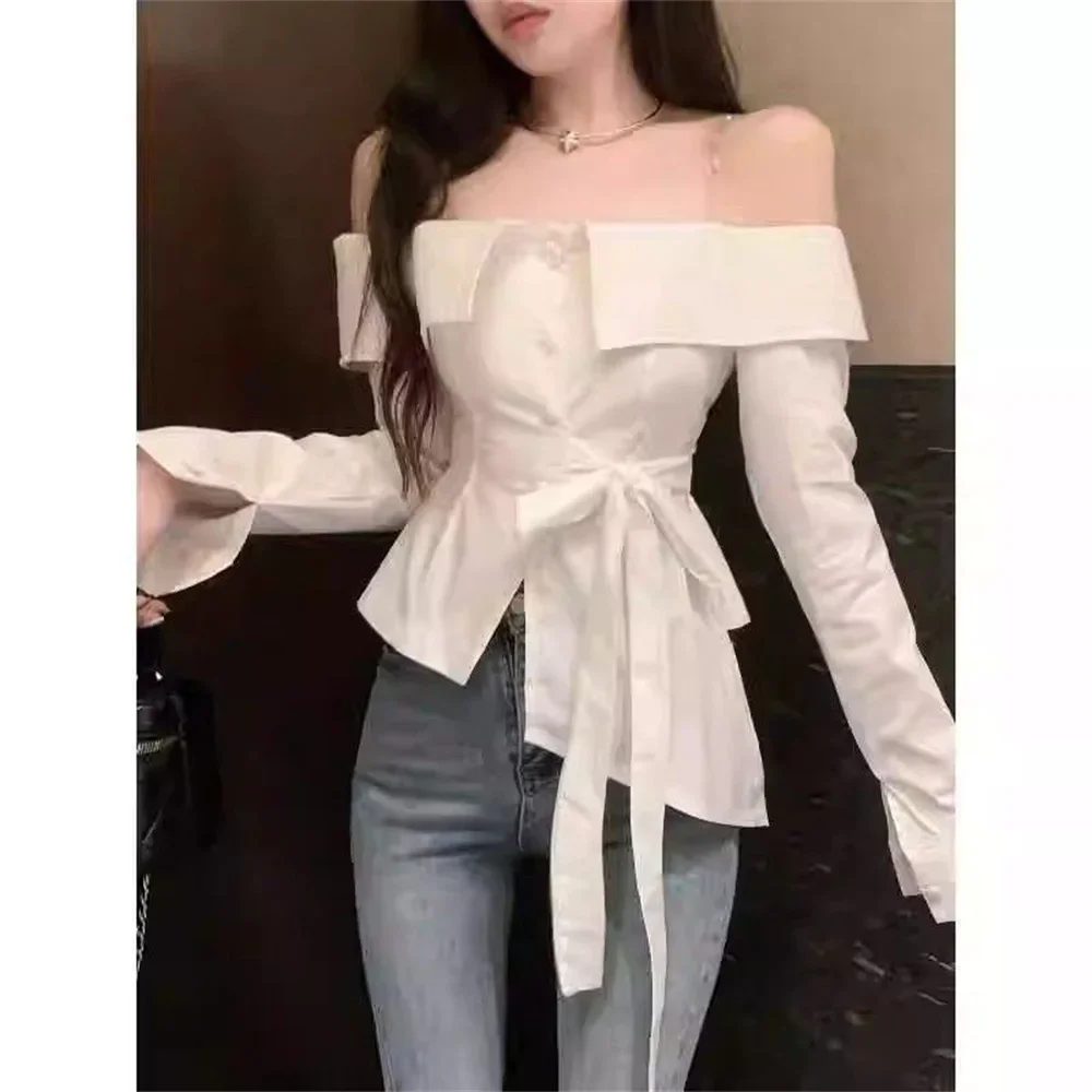 Elegant Slash Neck Shirts Women Streetwear Ruffles Bandage White Blouses Korean Fashion Long Sleeve Design Slim Tops New Shirts