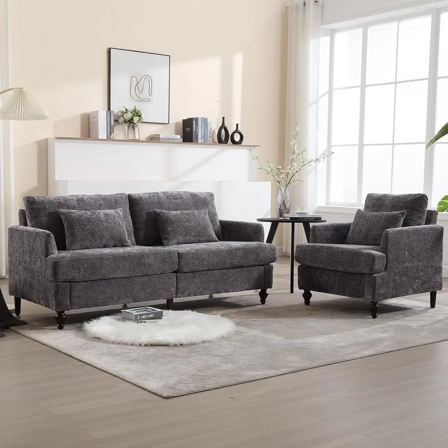 Mid-Century Modern Loveseat & Accent Chair Set, Chenille 2-Piece Furniture for Living Room Apartment Office, Customized