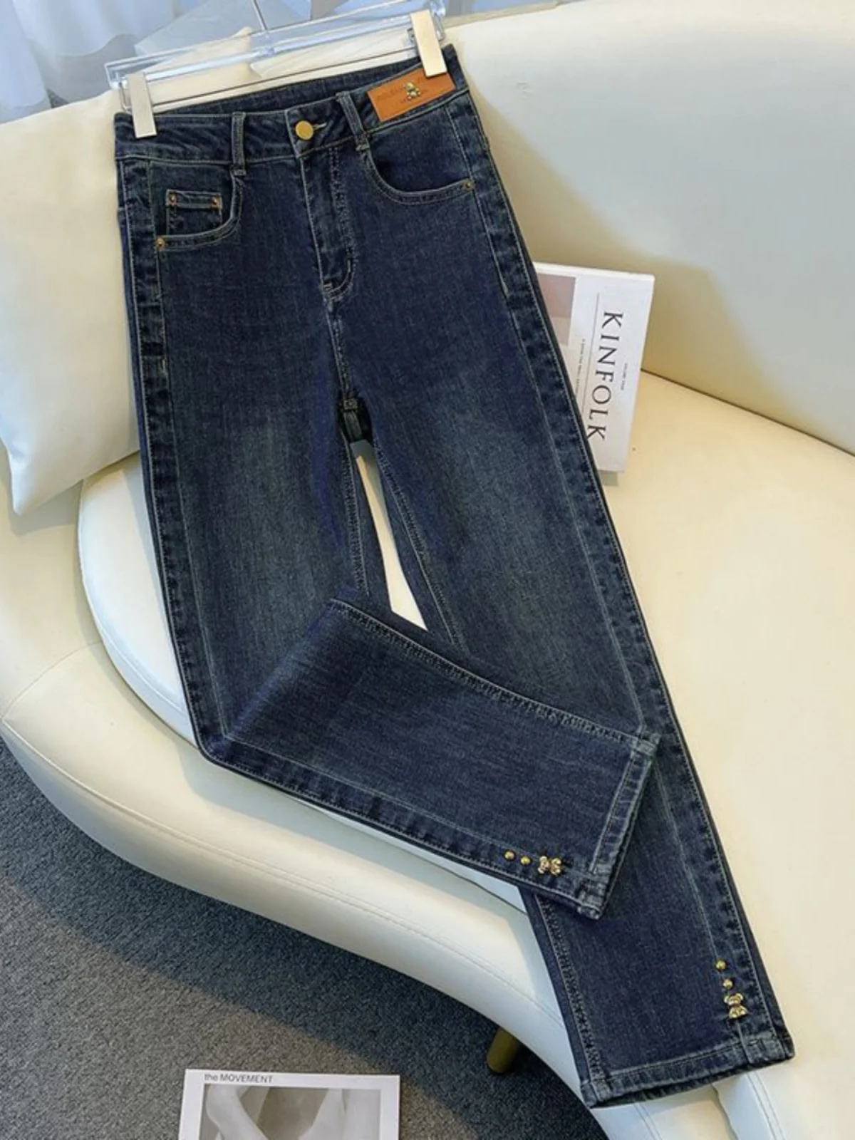 

High Waist Straight Leg Denim Jeans Women's Summer New Style Small Size Nine Point Pants Trendy Trousers Casual Cotton Blend