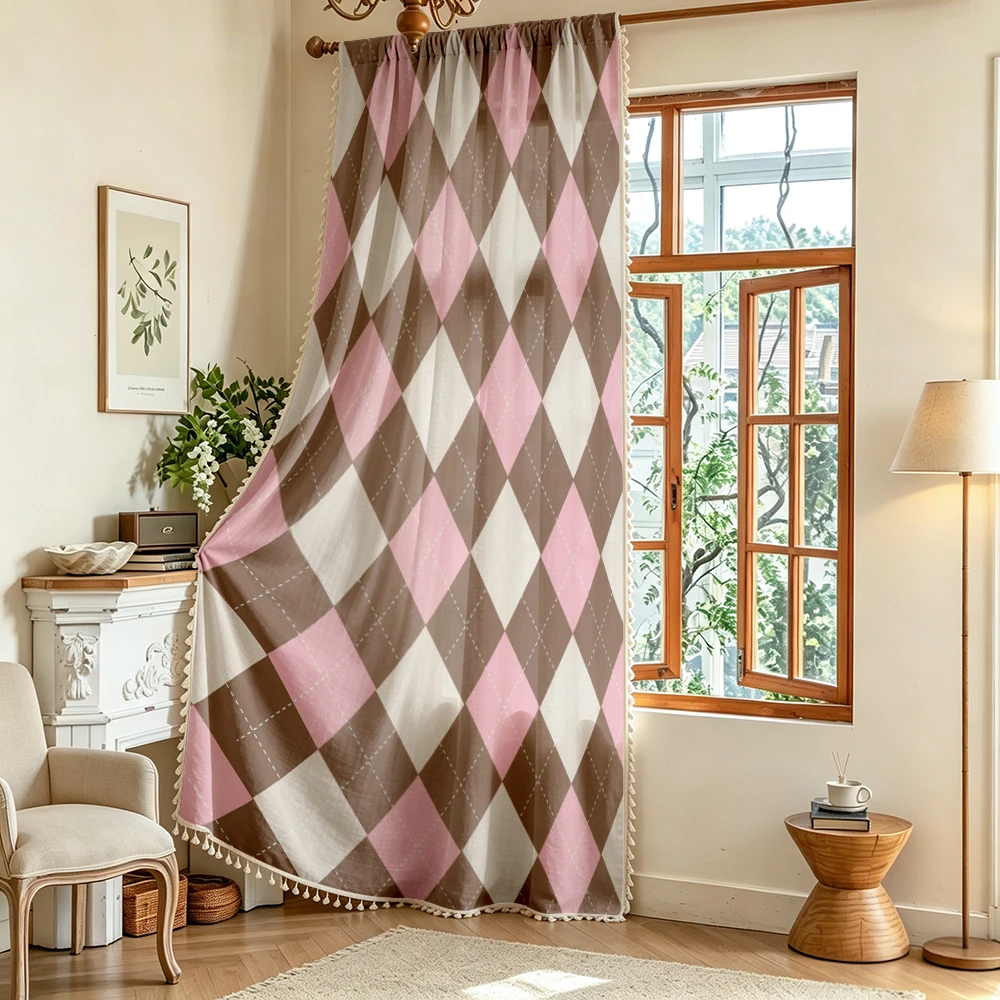 1PC Geometric Tassel Sheer Curtains, Pink Brown Argyle Diamond Plaid, Digital Print, Polyester, Bedroom Living Room Decor