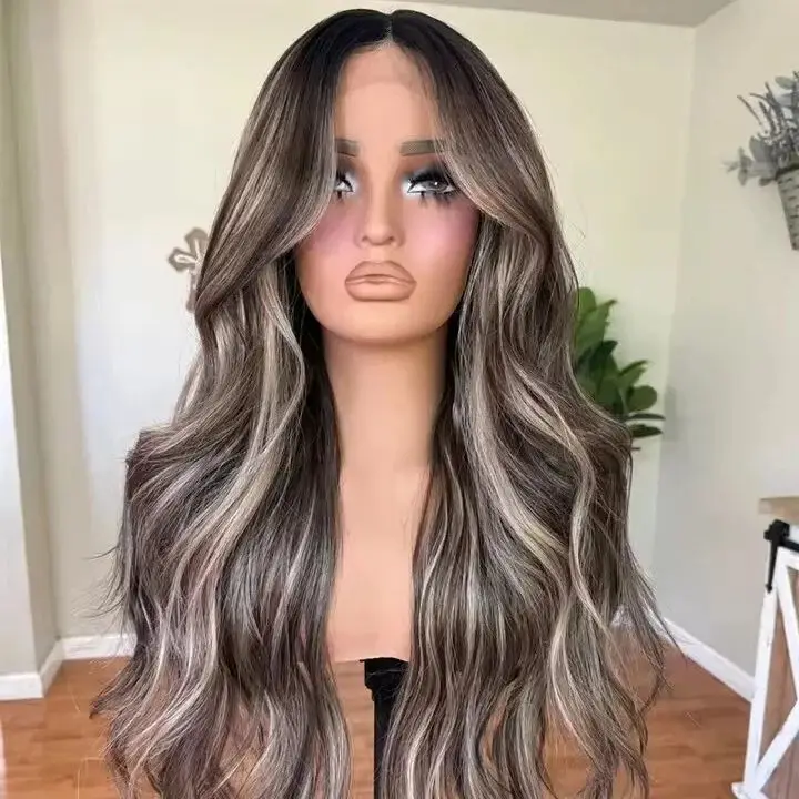 

Natural Body Wave Wig Ombre Cool Caramel Brown Synthetic Lace Front Wig Highlight Preplucked Hairline Brunette Fibre Cosplay Wig
