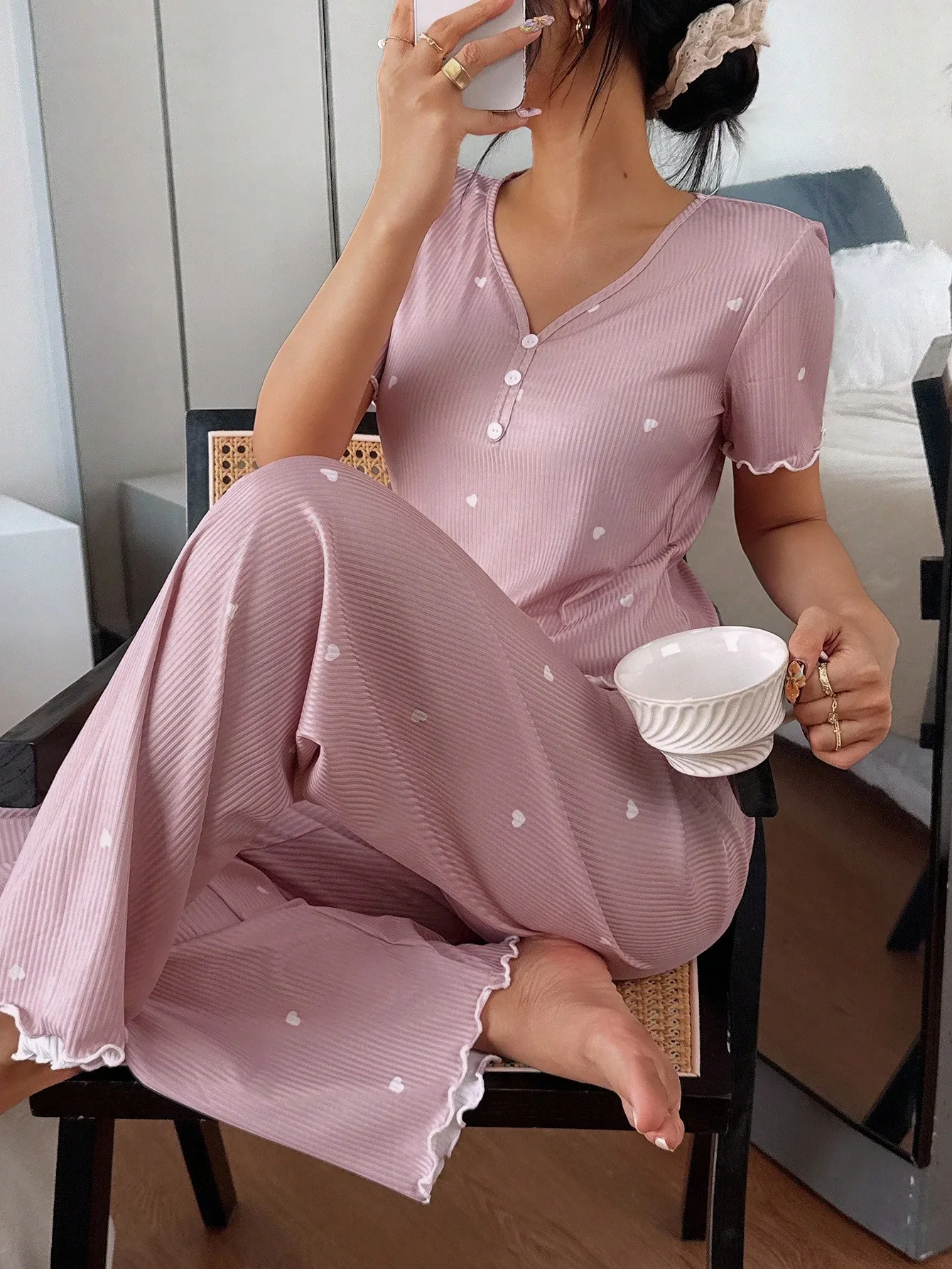 

Women's Pink V-Neck Button-Up Heart Print Ribbed Pajama Set