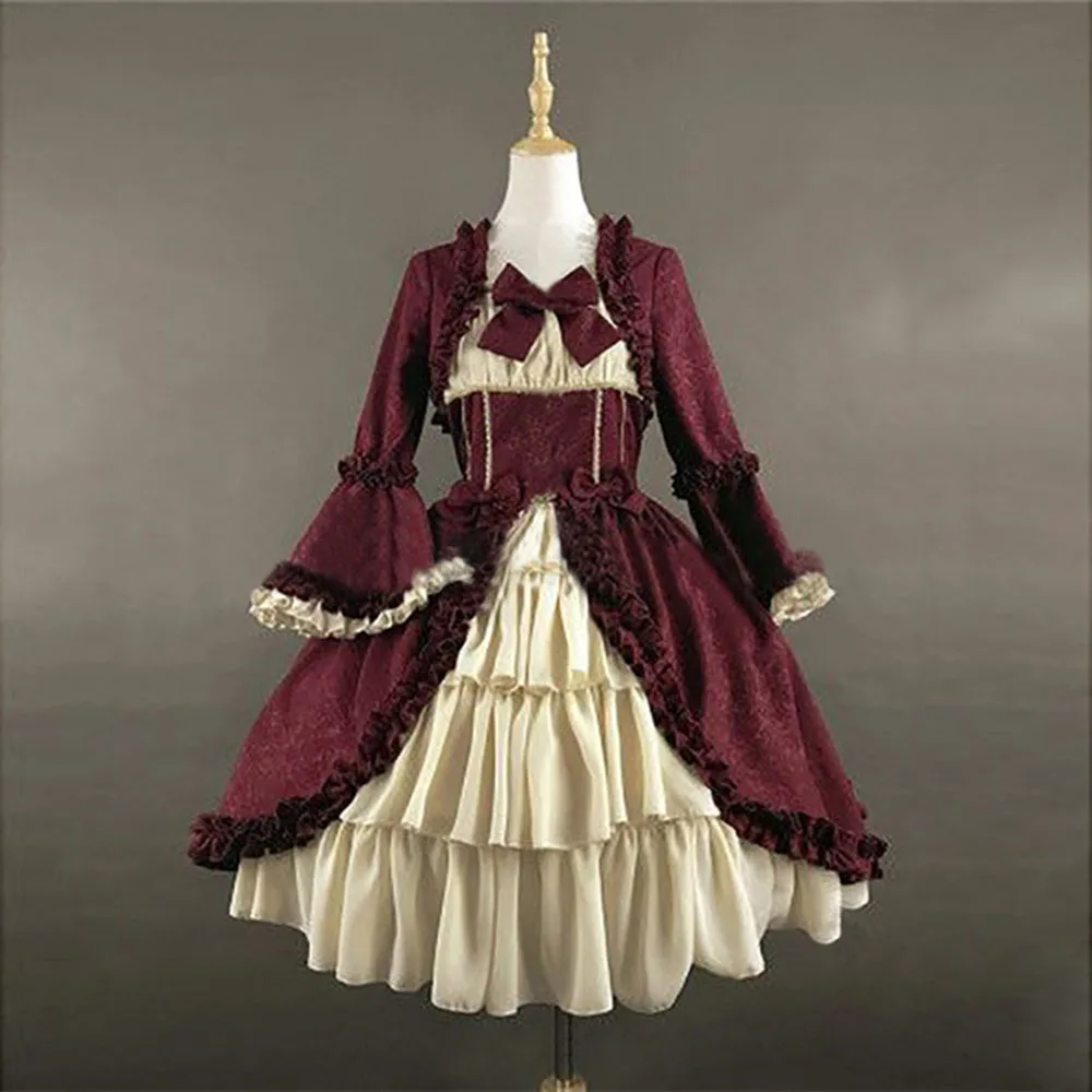 Medieval Retro Sweet Lolita Dress Women Elegant Gothic Court Long Sleeve Square Collar Bow Princess Girly Kawaii Dresses