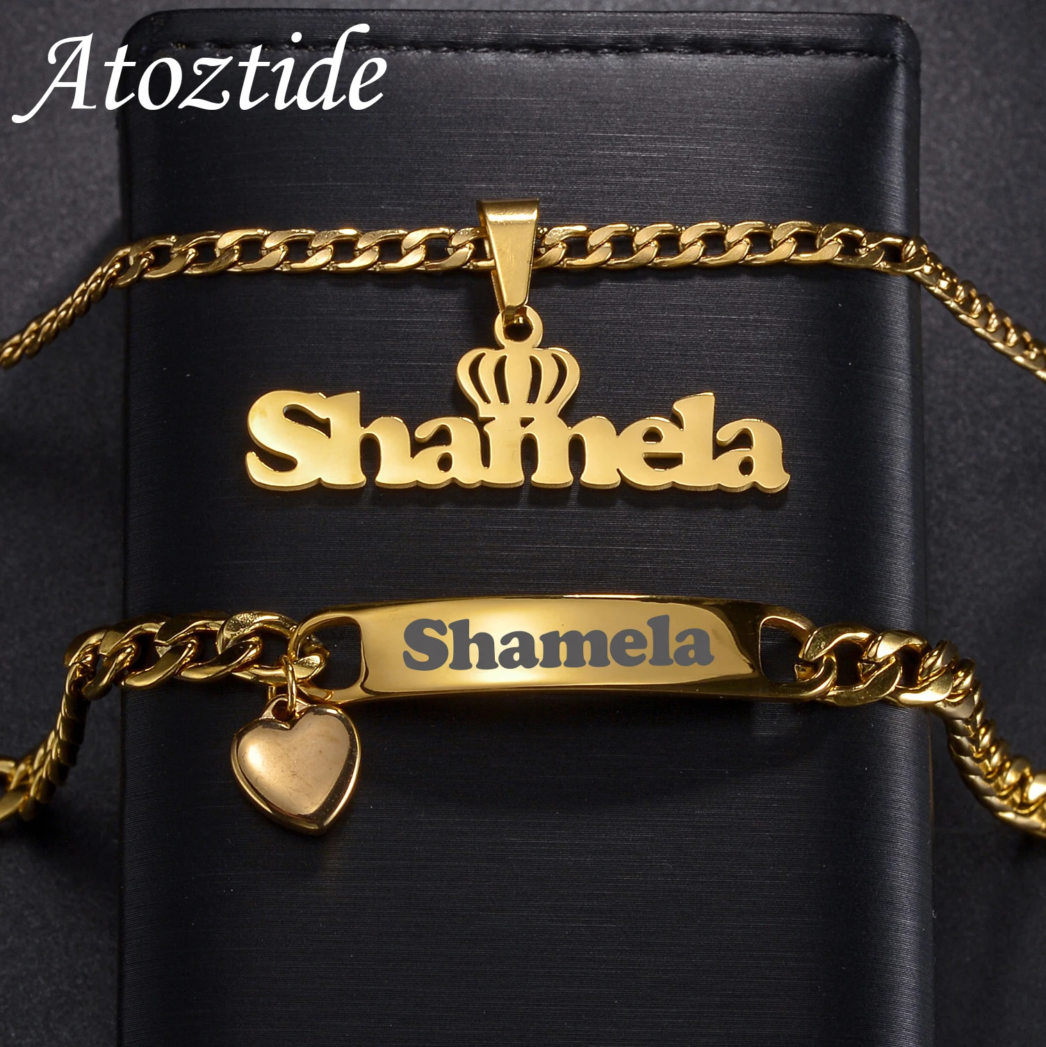 Atoztide Personalized Custom Name Necklace Bracelet Jewelry Set Heart Stainless Steel Cuban Chain for Women Men Birthday Gift