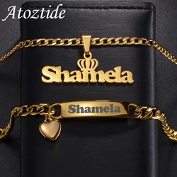 Atoztide Personalized Custom Name Necklace Bracelet Jewelry Set Heart Stainless Steel Cuban Chain for Women Men Birthday Gift