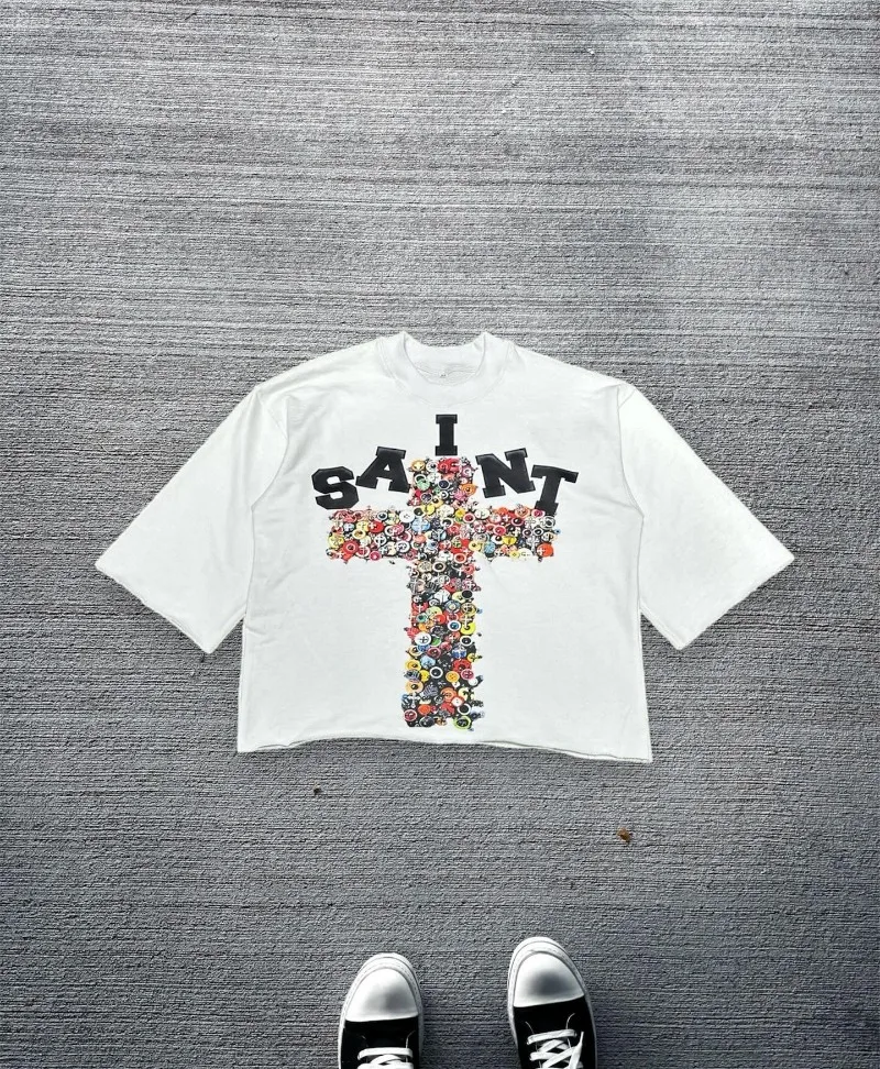 New High Street retro hip hop cross letter print T-shirt damski Y2k 2024 letni bawełniany top z okrągłym dekoltem Harajuku luźna koszula na co dzień