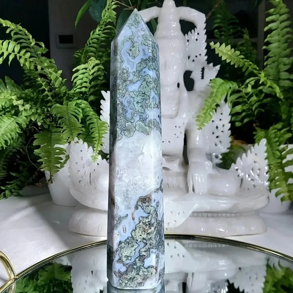 Moss Agate Hexagonal Obelisk Wand, Natural Green Crystal Point for Reiki Healing, Meditation & Energy Balancing