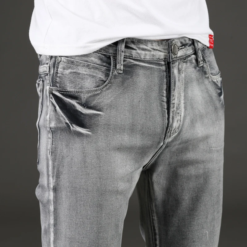 Vaqueros grises para hombre, otoño 2025, nuevo estilo clásico, pantalones vaqueros elásticos informales de negocios, pantalones vaqueros ajustados para jóvenes de corte Regular clásico elegante