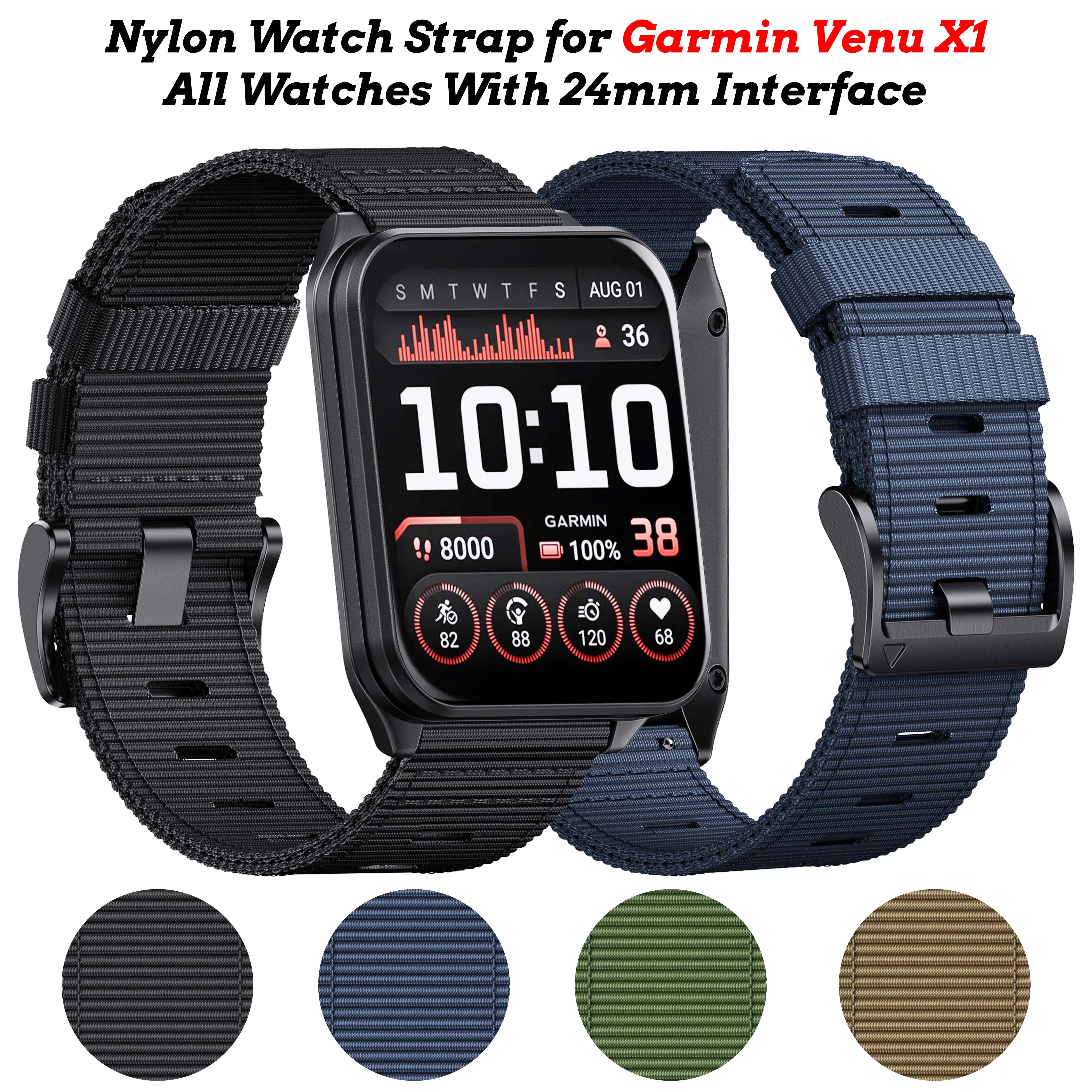 Nylon-Uhrenarmband für Garmin Venu X1, 24 mm Nylon-Ersatzarmband für TicWatch Altas/TicWatch Pro 5/Pro 5 Enduro/iTOUCH Air 3