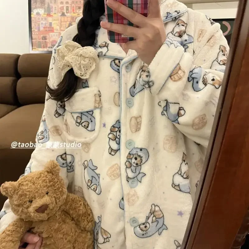 Mofusand Cartoon Cute Coral Velvet Soft Quirky Pajamas Female Autumn and Winter Can Be Worn Outside The Home Clothing Suit