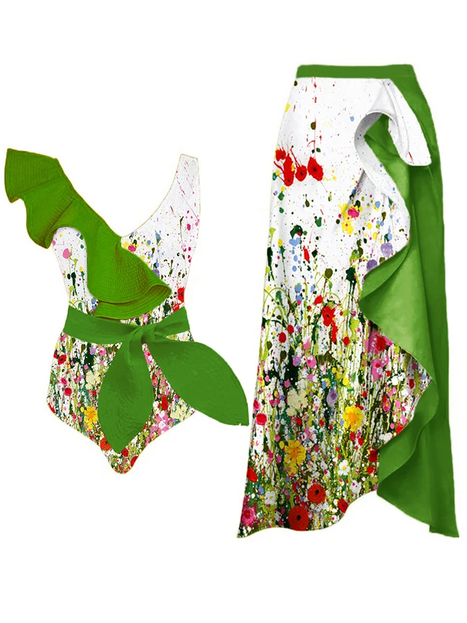 

2024 Green Women's One-piece Bikini and Covered Colorful Flower Print Slanted Shoulder Ruffle One-piece Swimsuit Beach Resort